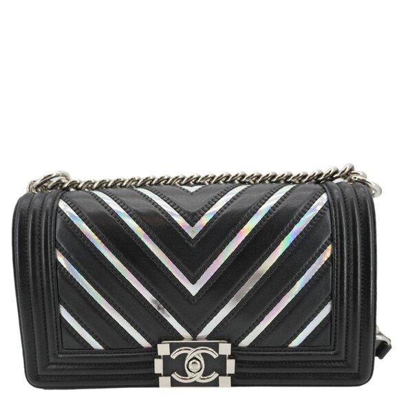 Chanel  Boy Flap Chevron Leather with Holographic PVC Crossbody Bag Black - Picture 4 of 16